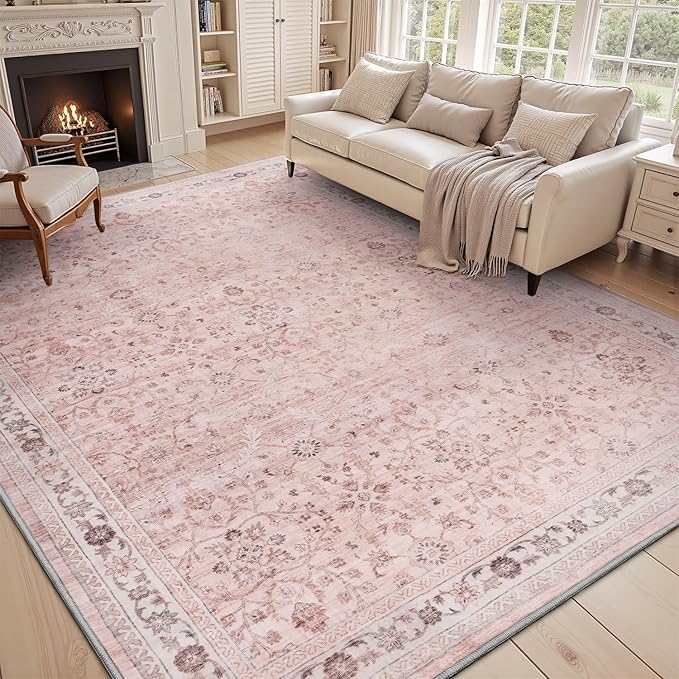 MontVoo-Vintage Area Rugs 8X10 Pink Rugs for Living Room-Soft Distressed Printed Rugs for Bedroom-Non Slip Carpet-Machine Washable Rug for Dining Room Living Room Bedside Office