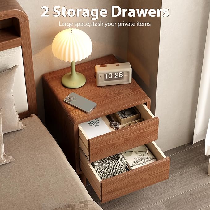 Solid Wood Nightstand Walnut Night Stand with Drawers Mid Century Modern Nightstand with Storage,Wood Night Stand,Small Bedside Table for Bedroom,Living Room,Office,Walnut Bedside Table