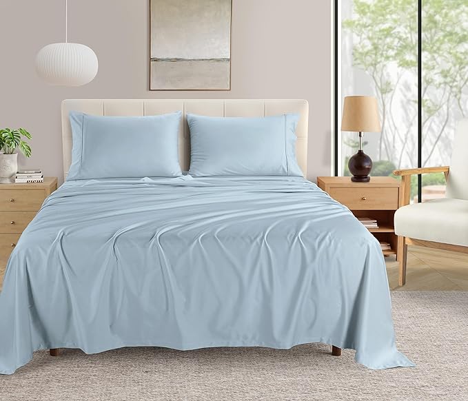 400 Thread Count Queen Size Sheets, 15" Deep Pocket Queen Sheets, Soft Sateen Weave, Naturally Cooling & Breathable Machine Washable 4 Piece Elasticated Sheet & Pillowcase Sets- Light Blue
