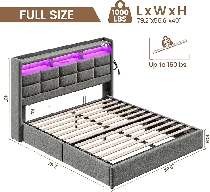 Lift Up Full Size Bed Frame with Storage, Upholstered Full Bed Frame with LED Lights Headboard and Charging Station, No Box Spring Needed, Easy Assembly - Light Grey