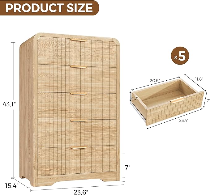 Fluted 5 Drawer Dresser, 43" Tall Dressers & Chests of Drawers Curved Profile Design, Wood Mid Century Vertical Dresser Natural Texture for Bedroom, Natural Oak Dresser