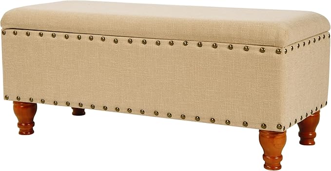 HomePop Large Rectangle Storage Bench with Nail Head Trim - Tan Linen