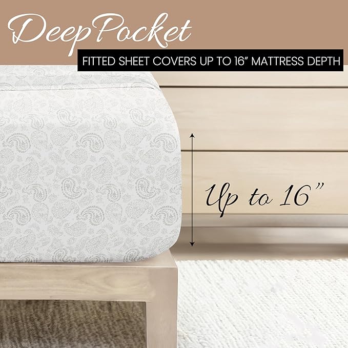 Linen Market 4 Piece King Sheet Set - Breathable, Double-Brushed Patterned Cooling Sheets – Oeko-TEX Certified Ultra Soft & Wrinkle-Free 16" Deep-Pocket King Sheets - Easy Care Coarse Paisley Gray