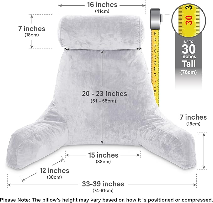 Husband Pillow XXL – Reading Pillow Bed Chair with Arms & Back Support – Light Grey - Back Pillow for Beds Sitting Up – Bed Rest Arm Pillow – Comfy Reading Pillow for Adults