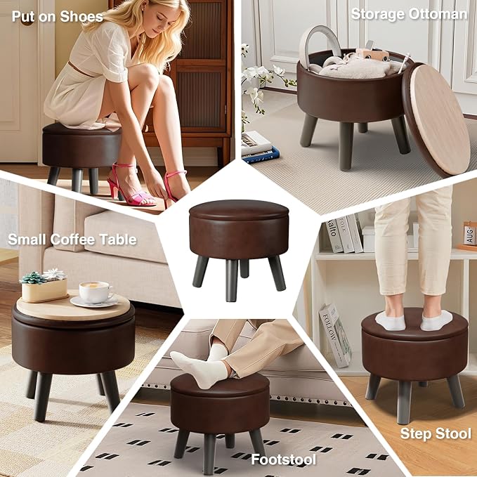 FIMIVIBI Small Foot Stool Ottoman with Storage, Faux Leather Ottoman Foot Rest for Couch, Round Footstool Ottomans for Living Room (Brown)