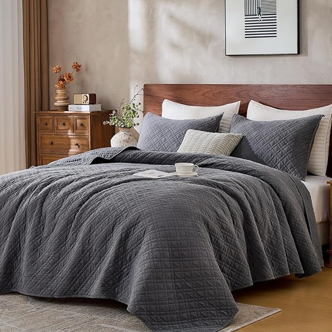 King Quilt Set with Shams Lightweight Quilted Bedspread Coverlet Thin Comforter Bed Cover Vintage Washed Quilted Blanket for All Season, Brushed Microfiber Diamond Stitching, Ash Gray, 104"x92"