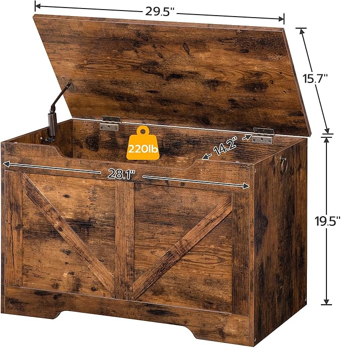 HOOBRO Storage Bench, 29.5” Retro Wooden Storage Chest with U-Shaped Cut-Out Pull, Safety Hinge, Supports 220 lb and Easy Assembly for Toy Box Organizer (Rustic Brown) BF77CW01