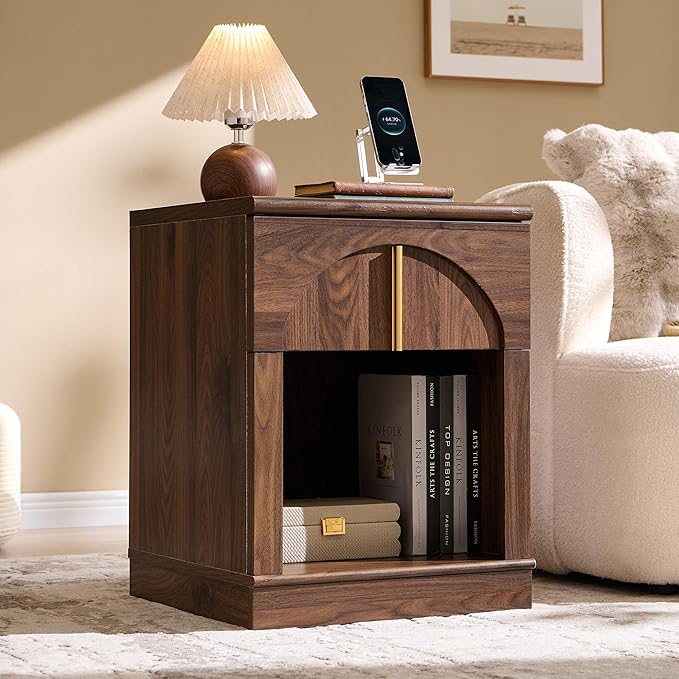 ACCOHOHO Modern Night Stand with Arched Panel,18" Wooden nightstand with Charging Station,Bedside Table with Drawer Storage,Side End Table with Open Shelf for Bedroom,Living Room,Brown