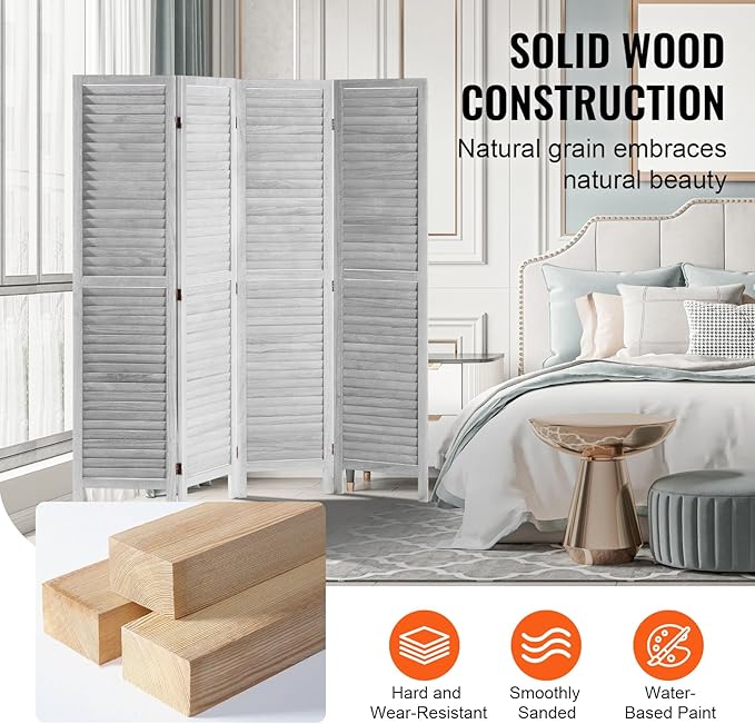 VEVOR Wood Room Divider, 4 Panel Folding Privacy Screen, 66.9 Inches Tall Indoor Wooden Partition, Portable Decoration Screen, for Room Separation, Home, Office, Restaurant & Bedroom (Light Grey)