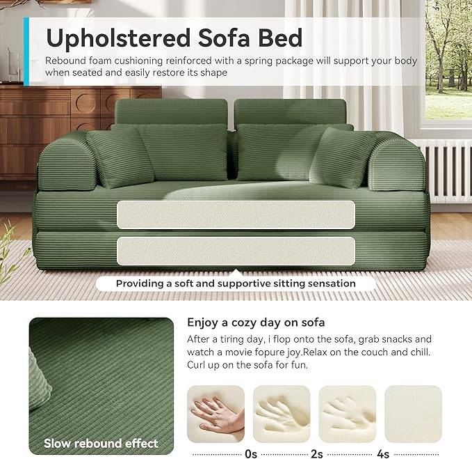 Upgrade High Backrest Design Sofa Bed with Fixed-Shape Frame & Removable Armrests and Backrest, Corduroy Fabric, Convertible Mattress Couch for Small Spaces - No Assembly (High Backrest Olive Green)