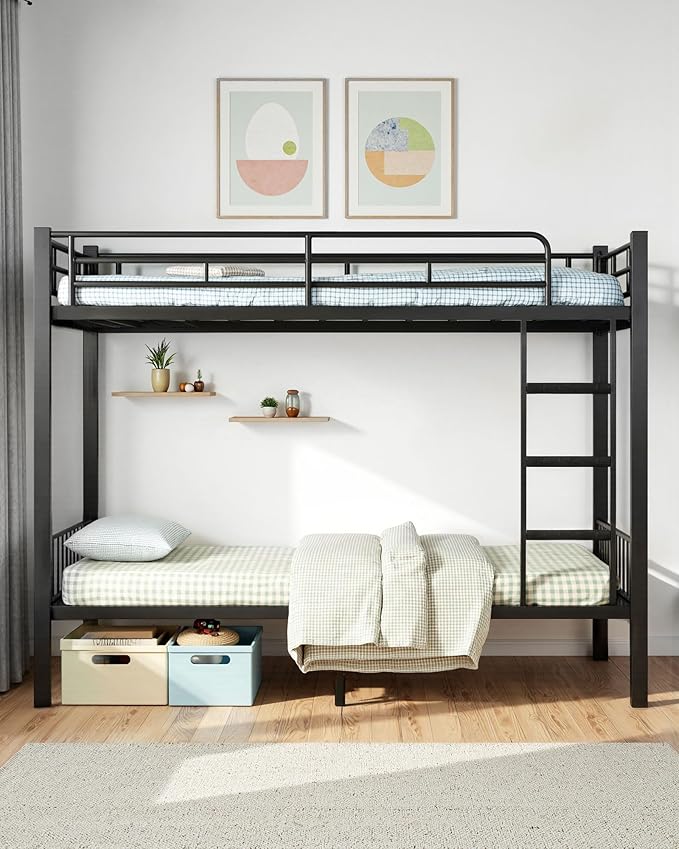 Queen Over Queen Bunk Bed for Adults & Teens, Heavy Duty Metal Bunk Bed with EVA Anti-Slip Ladder & Full-Length Guardrails, Noise-Free Queen Bunk Bed Frame with Under-Bed Storage, Black