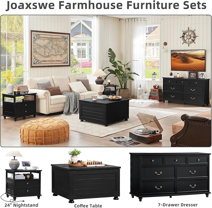 Farmhouse Nightstand Set of 2 with Charging Station, 24" Wide End Table with 2 Drawers,Wood Dresser for Bedroom,Black Bed Side Table Chest of Drawers Cabinet,Night Stand for Living Room