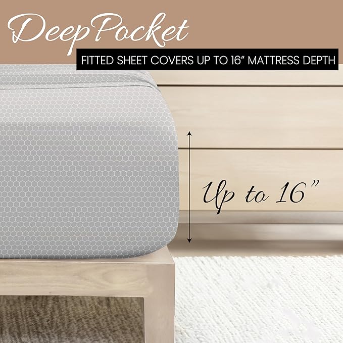 Linen Market Double-Brushed Patterned Microfiber California King Sheet Set 4 Piece – Oeko-TEX Certified Ultra Soft & Wrinkle-Free - 16" Deep Pocket Sheets Easy Care Cal-King Size - Honeycomb Gray