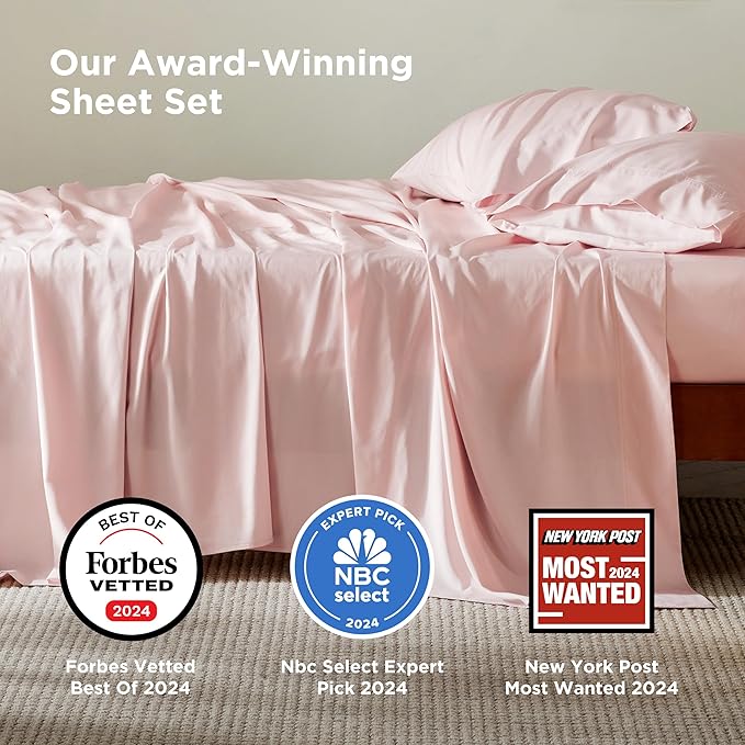 Bedsure Queen Sheet Set, Rayon Derived from Bamboo, Cooling Sheets, Breathable & Soft, Deep Pocket Up to 16 Inches, Hotel Luxury Silky Bedding for Hot Sleepers, Pink
