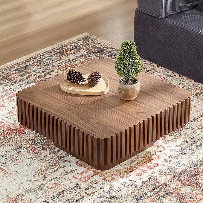 LKTART Square Coffee Table for Living Room, Accent Fluted Coffee Table with Storage, Modern Solid Wood Veneered Large Center Tea Table for Small Space Apartment (35.4''D×16''H-Walnut)