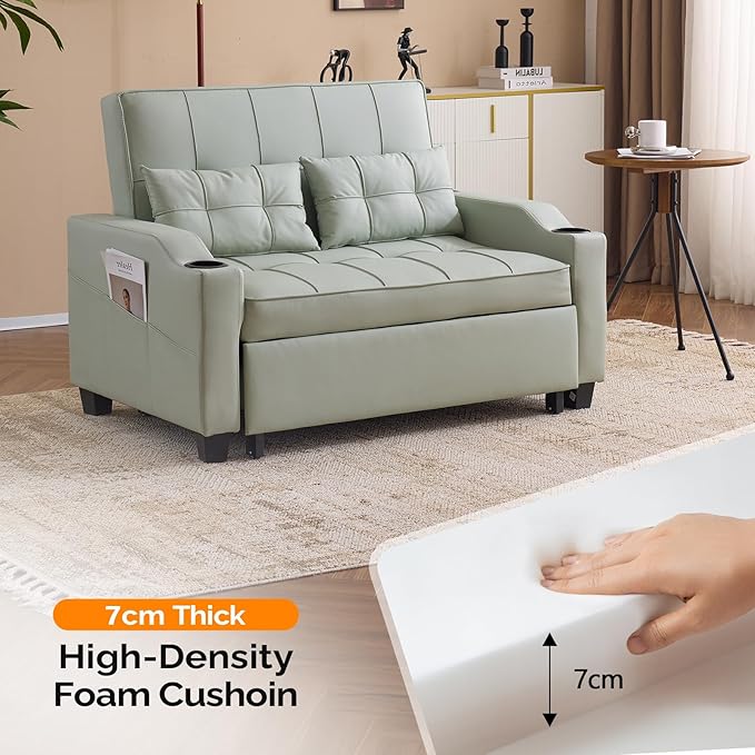 VINGLI Green Futon Sofa Bed Convertible Loveseat Sleeper Couch, Faux Leather Pullout Sofa Fold Out Couch Bed with USB Ports, Cup Holders, Armrest for Living Room, Bedroom Apartment Room