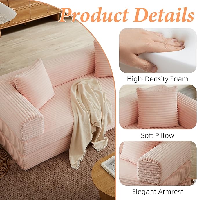 Convertible Futon Sofa Bed, Fold Out Floor Sofa Couch with Sleeper Sofa,Folding Boneless Couches with Deep Seat,Cloud Corduroy Foldable Mattress Couch for Living Room (Pink)