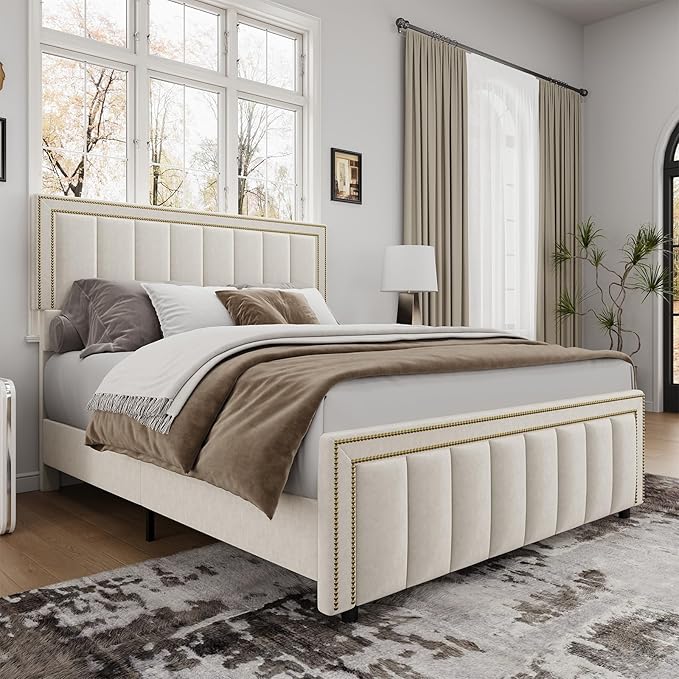 BarnFurin Queen Bed Frame with 50" Tall Headboard and Footboard, Chenille Upholstered Platform Bed, Vertical Channel Tufting with Nailhead Trim, No Box Spring Needed, Easy Assembly, Beige