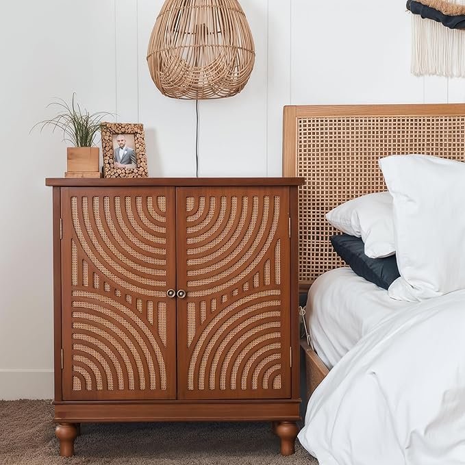 PHI VILLA Accent Cabinet with Door, Small Buffet Sideboard Cabinet with Rattan Door, 2 Door Storage Cabinets