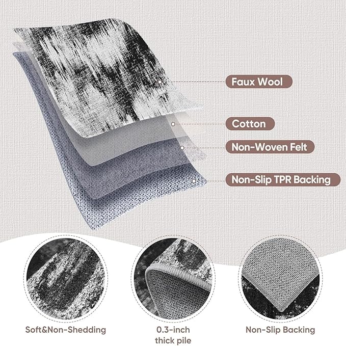 Machine Washable Runner Rug 2x6: Non Slip Hallway Rug Low Pile Kitchen Runner Soft Abstract Rug with Rubber Backing for Entryway Bedroom Bathroom Farmhouse Laundry Living Room Black White 2x6
