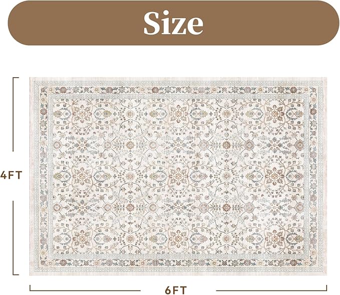 MontVoo-Vintage Area Rug 4X6 Beige Rugs for Living Room-Soft Distressed Printed Rugs for Bedroom-Non Slip Carpet-Machine Washable Rug for Dining Room Living Room Bedside Office
