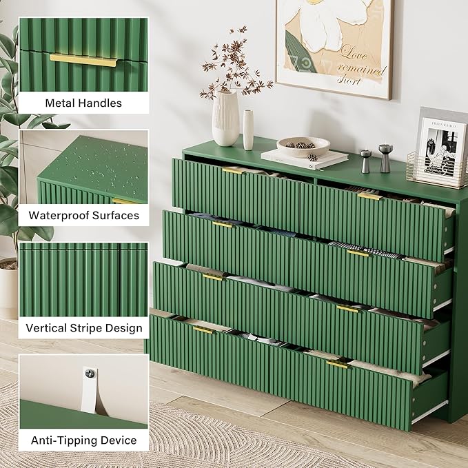 Green Dresser for Bedroom, Modern Dresser with 8 Drawers and Smooth Slides, Wide Chest of Drawers with Golden Handles for Bedroom, Closet, 15.7" D x 55" W x 37.4" H