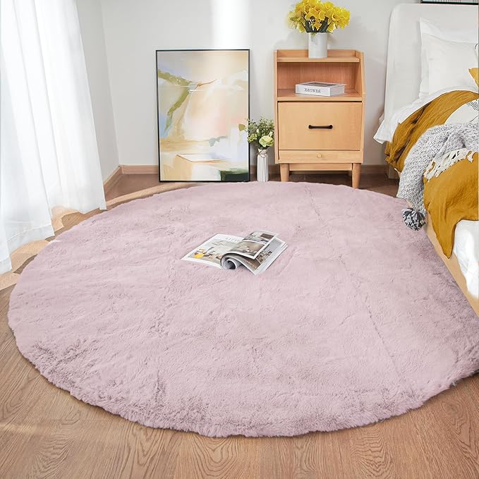 Pink Boho Round Rugs 8ft Large Fluffy Machine Washable Fuzzy Fur Area Rugs for Living Room Plush Circle Sheepskin Rugs for Bedroom Nursery Rug
