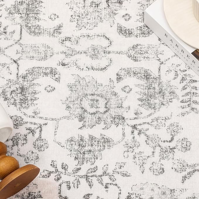Gray Area Rug 10x12 Machine Washable Large Vintage Living Room Distressed Non Slip Carpet Traditional Indoor Bedroom Grey Retro Floral Accent Throw Rug for Office Kitchen Dining Room