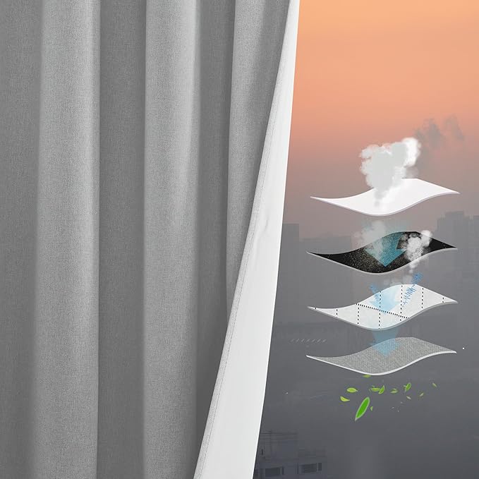 RYB HOME 4 in 1 Set Dust Filter - Soundproof - Blackout - Insulating, Energy Efficiency Linen Curtains for Kids Bedroom Living Room Divider Apartment Hotel Office Theatre, Grey, W 52 x L 84, 2 Pcs