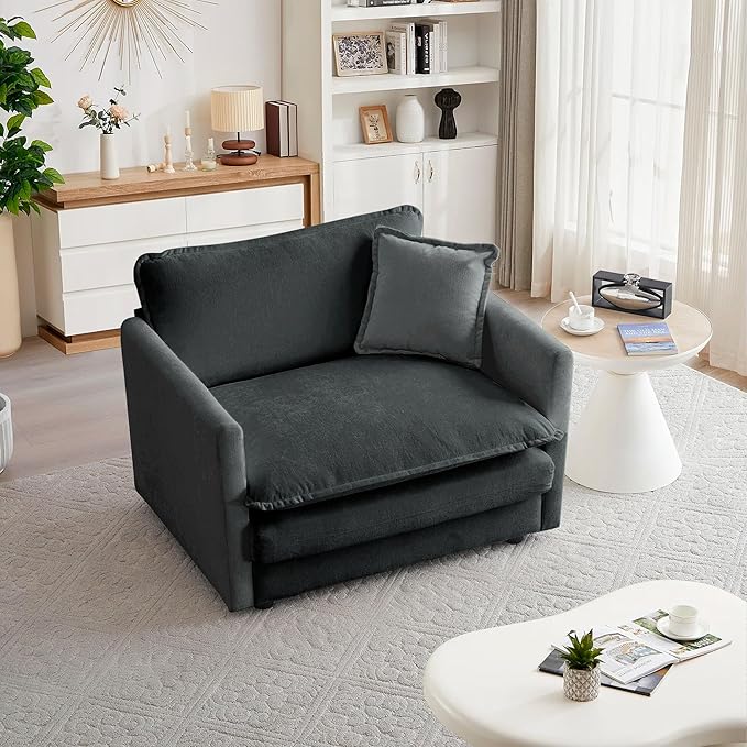mikibama 41.4" W Single Seat Sofa, Chenille Comfy Deep Upholstered Couch Armchair with Toss Pillow for Living Room Bedroom Office Apartment, Grey