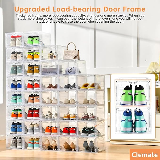 Clemate Upgraded X-Large Shoe Storage Box,8 Pack,Shoe Box Clear Plastic Stackable,Drop Front Shoe Box with Clear Door,Shoe Organizer and Shoe Containers For Sneaker Display,Fit up to US Size13