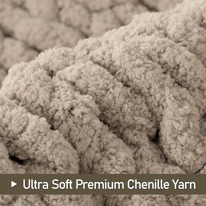 Chunky Knit Throw Blanket 60"X 80", 100% Handmade with Soft Chenille Yarn, 6.7lbs Thick Cable Knitted Blankets, Large Rope Knot Crochet Throws for Couch Sofa Bed Home Decor, Taupe