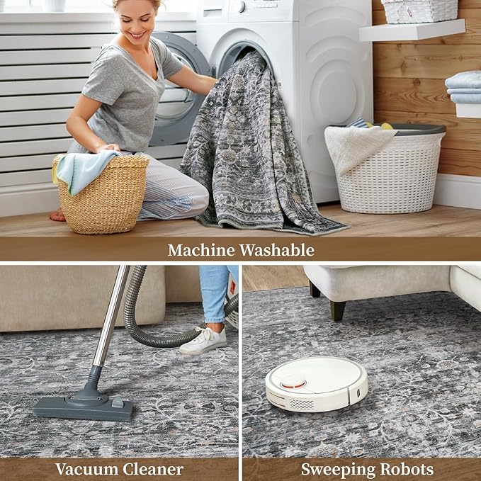 MontVoo-Vintage Area Rug 5X7 Grey Rugs for Living Room-Soft Distressed Printed Rugs for Bedroom-Non Slip Carpet-Machine Washable Rug for Dining Room Living Room Bedside Office