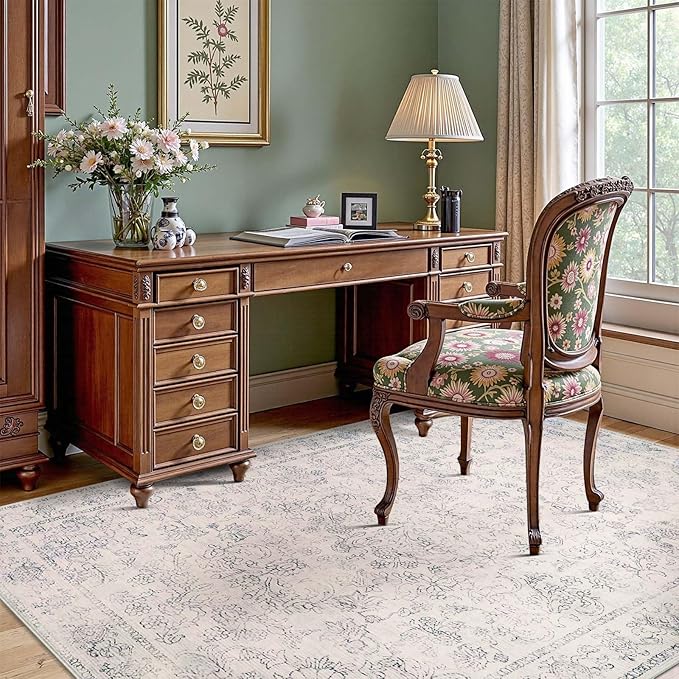 jinchan 6x9 Machine Washable Area Rugs for Living Room – Vintage Floral Soft Stain Resistant Low Pile Rug, Non Slip Ultra-Thin Carpet for Bedroom, Dining Room, Home Office, Nursery (6'x9', Ivory)