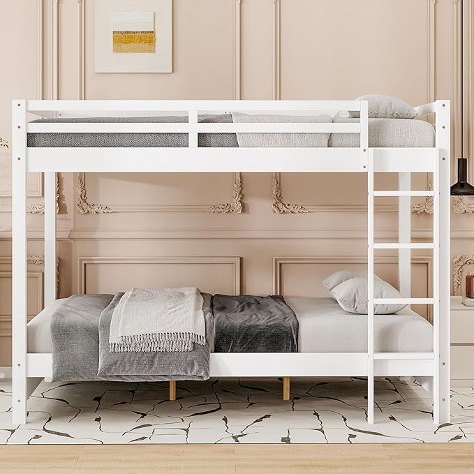 Bellemave Queen Over Queen Size Bunk Bed for Kids/Adults,Solid Wood Bunk Bed Frame Queen Size with Ladder & Safety Guardrails,White
