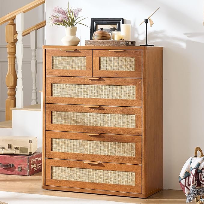 LEYAOYAO Rattan Dresser for Bedroom, 41" Tall Chest of Drawers, Modern 6 Drawers Boho Dressers with Storage, Vintage Brown Dresser Wooden Closet Organizer for Living Room, Hallway
