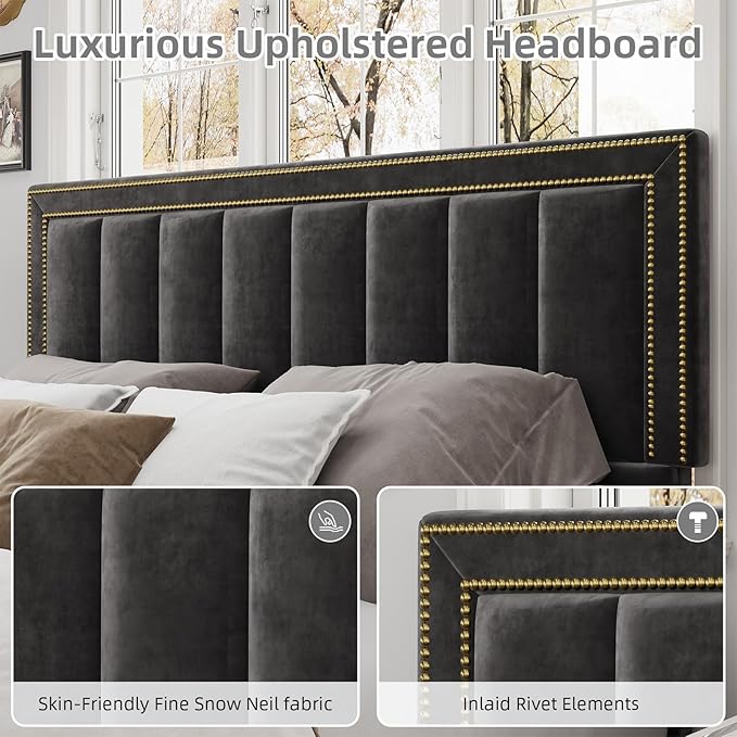 BarnFurin Full Size Bed Frame with 50" Tall Headboard and Footboard, Chenille Upholstered Platform Bed, Vertical Channel Tufting with Nailhead Trim, No Box Spring Needed, Easy Assembly, Black