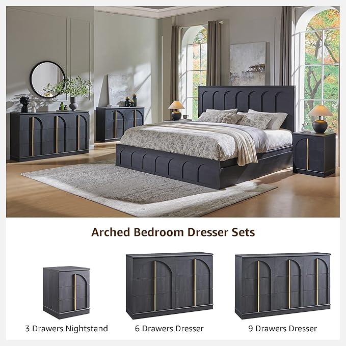 ACCOHOHO Arched Dresser for Bedroom with 6 Drawers, 47.3" Wide Modern Chest of Drawers with Rounded Edge & Metal Handles, Wood Storage Closet Dressers TV Stand for Living Room, Hallway, Black