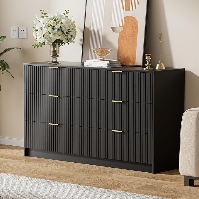 Black Dresser for Bedroom, Modern Dresser with 6 Drawers and Smooth Slides, Wide Chest of Drawers with Golden Handles for Bedroom, Living Room, Closet, 15.7" D x 55.1" W x 31.4" H