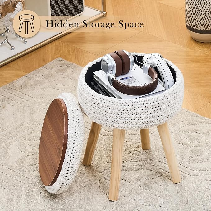 LGENHOOM Round Foot Stool Ottoman with Storage Footrest with Wood Legs Cotton Knitted Vanity Stool Tray Top Coffee Table Multifunctional Upholstered Footstool for Living Room Bedroom White