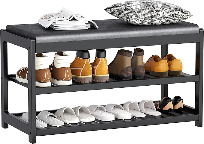Shoe Bench Entryway, 100% Solid Solid Wood Shoe Rack Bench with Storage and Cushion Padded Seat, 3-Tier Shoe Organizer for Hallway Living Room, Mudrooms, Black