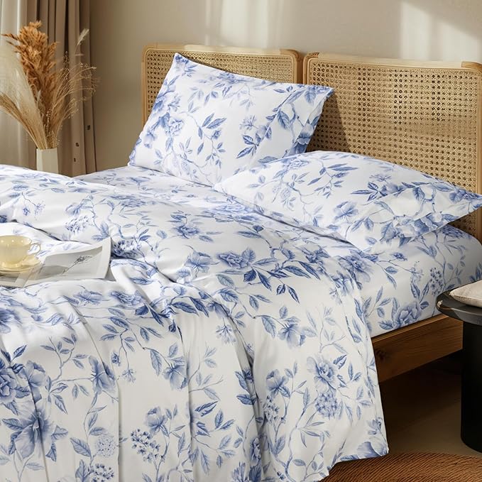 LBRO2M 1000 Thread Count Sheets 100% Egyptian Cotton Bedding Set Floral Queen Size Sheets 16 Inches Deep Pocket Bedding 4 Piece Sets (Queen, Field Flower)
