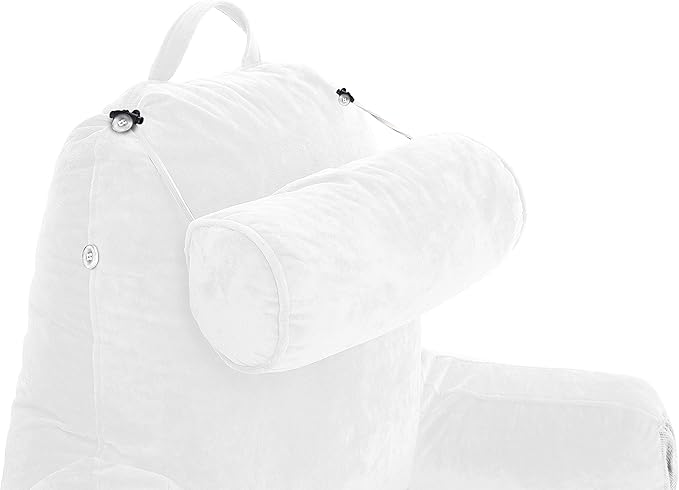 Husband Pillow Medium White, Backrest for Kids, Teens, Petite Adults - Reading Pillows with Arms, Adjustable Loft, Plush Memory Foam, Bed Rest Chair for Sitting Up, Detach Neck Roll, Removable Cover