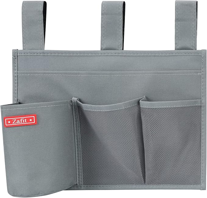 Zafit Hanging Bedside Caddy, Bedside Storage Organizer for Magazine, Phone, Remote control (4 Pockets-Grey)