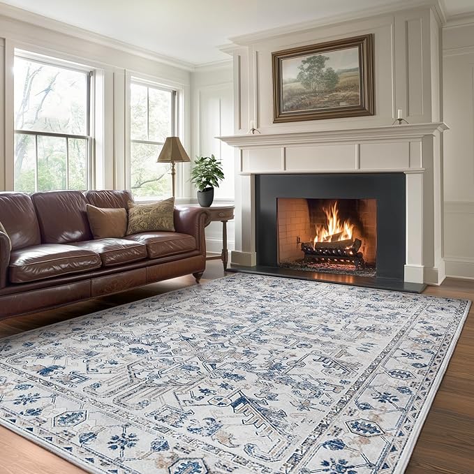jinchan Lima 8x10 Machine Washable Area Rugs for Living Room - Vintage Floral Stain Resistant Low Pile Ultra-Thin Non Slip Accent Rug for Bedroom Kitchen Dining Room Home Office (8x10ft, Blue)