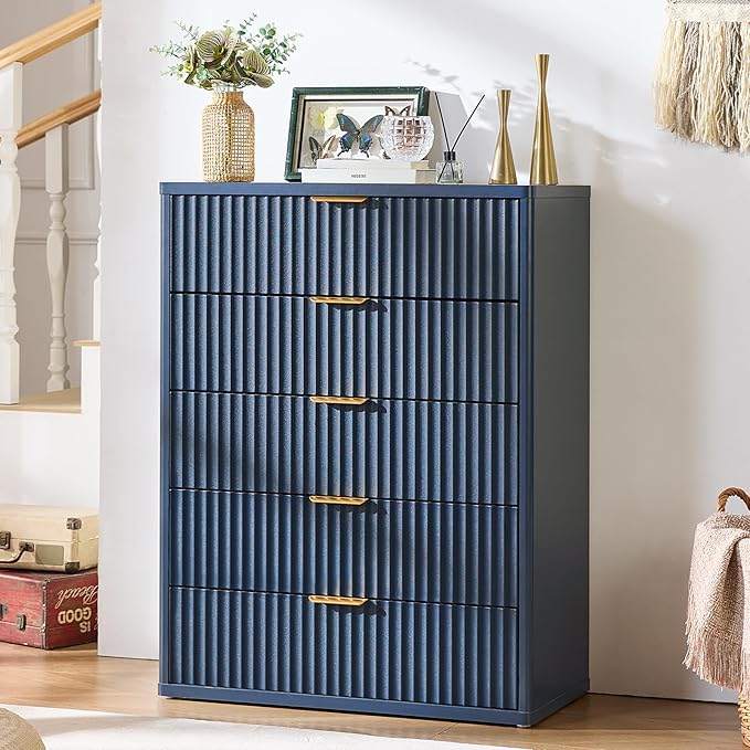 LEYAOYAO Fluted 5 Drawers Dresser Set of 2, 41" Tall Modern Chest of Drawers with Metal Handle, Curved Profile Dresser TV Stand, Wooden Drawer Organizer for Bedroom, Living Room, Hallway, Lightgrey
