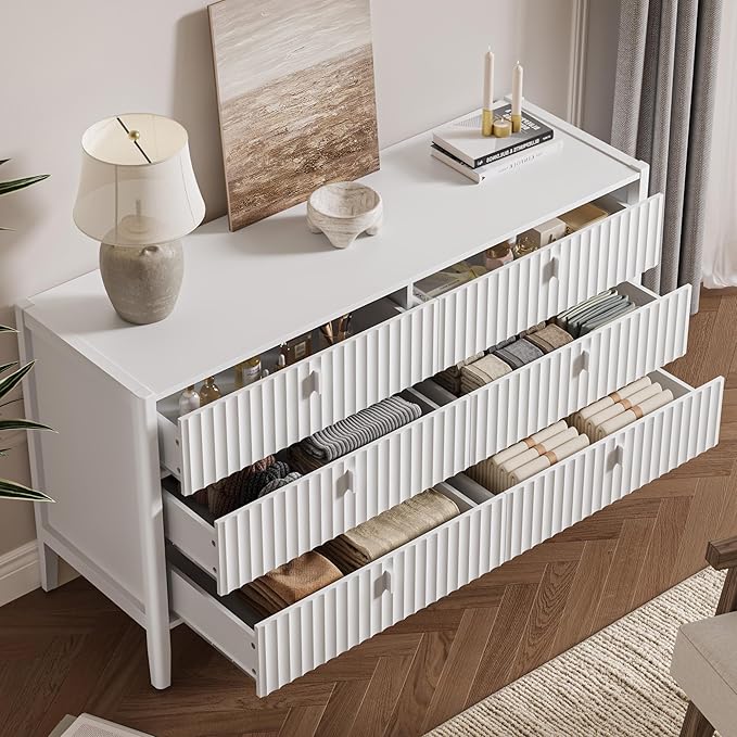 Fluted 6 Drawer Dresser for Bedroom, 55.1" Wide Modern Chest of Drawers with Solid Wood Legs, Versatile Storage Cabinet for Living Room, Office, Hallway, White