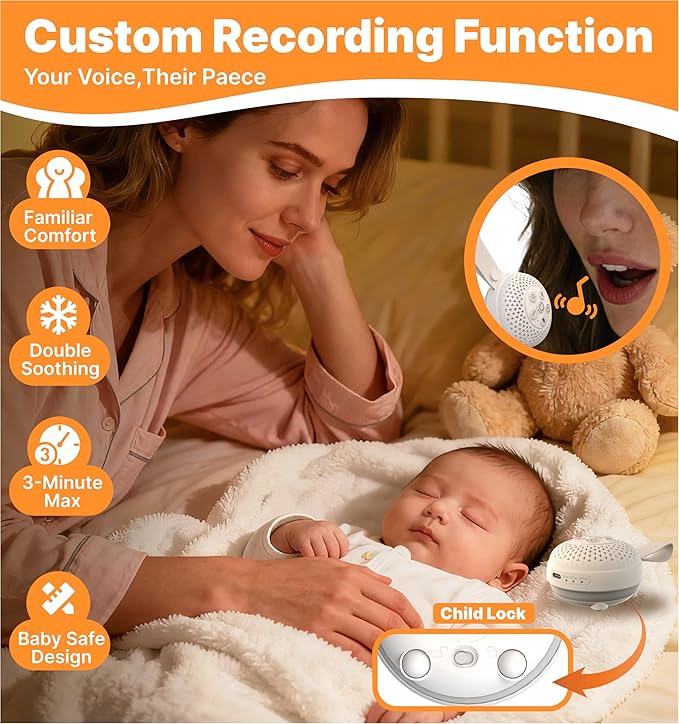White Noise Sound Machine with Voice Recording & 16 Soothing Sounds +3 Night Lights, Portable and Rechargeable Design & 3 Auto-Off Timers – Perfect for Baby/Adults/Sleeping/Travel