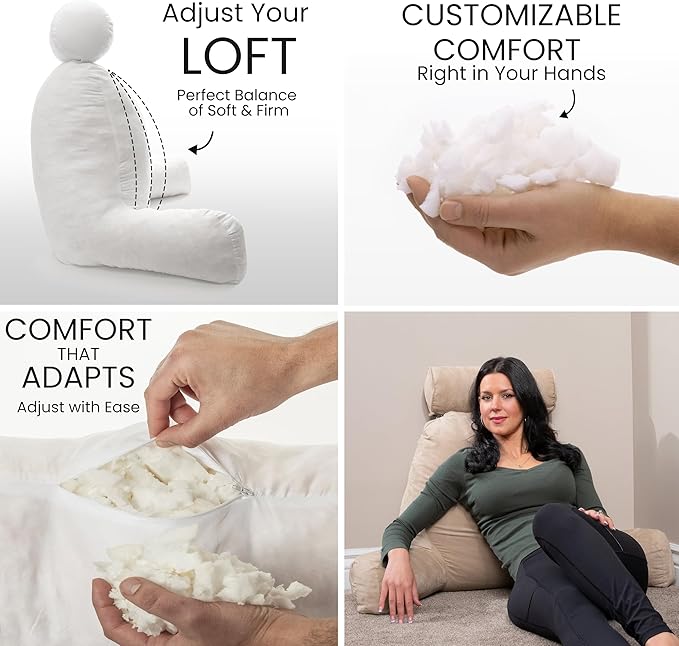 Husband Pillow XXL Aspen Edition, Adult Reading Sit Up Bed Rest Pillow for Bed with Arms & Neck Roll on Bungee Cord - Premium Memory Foam - Reversible 2 Sided Cover Micro Suede or Plush, Cowboy Taupe