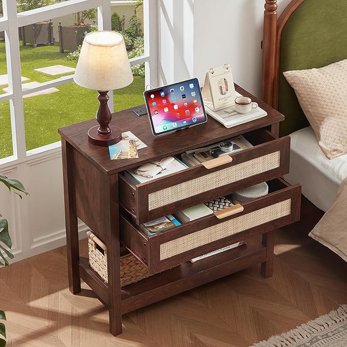 LEYAOYAO 31.5" Wide Rattan Night Stand with Charger Station, Oversized Large Walnut Nightstand with 2 Drawer, Boho Bed Side End Tables with Storage, Tall Bedside Table for Bedroom Living Room, Hallway